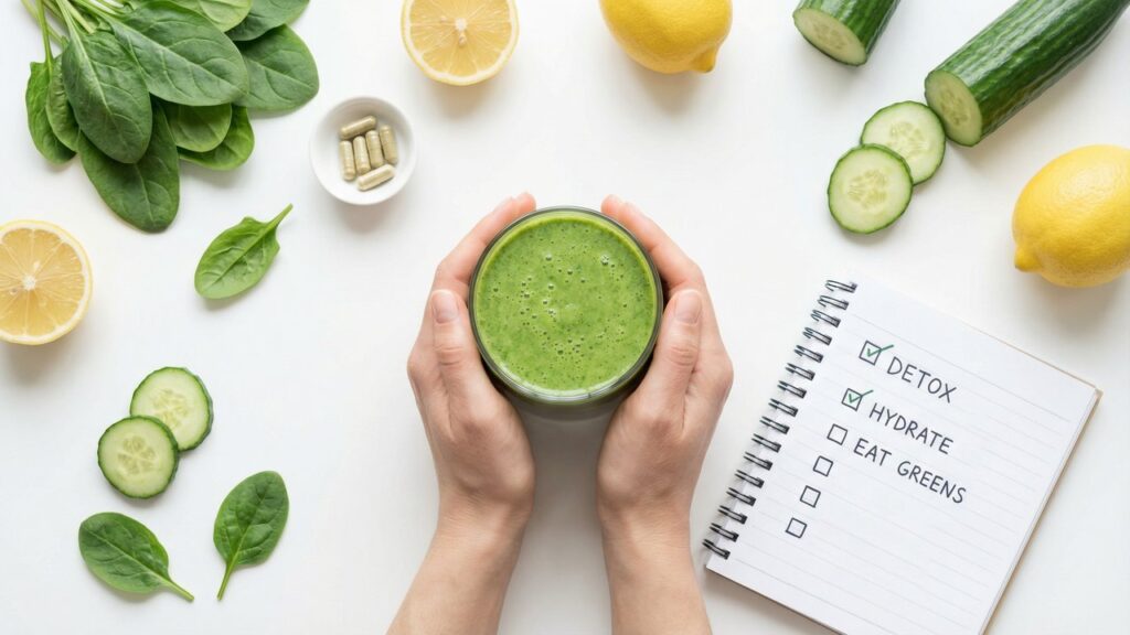 Hands holding green detox smoothie with vegetables and checklist notepad