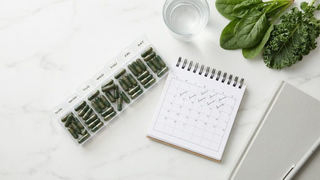 Weekly pill organizer with green capsules next to a calendar and fresh greens