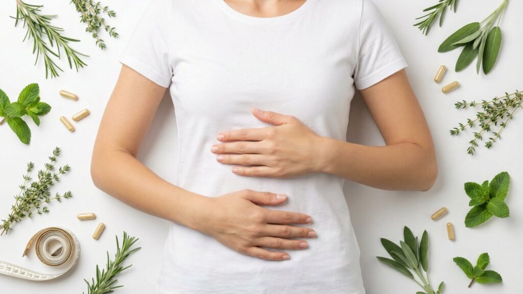 Woman with flat stomach surrounded by detox herbs and supplement capsules