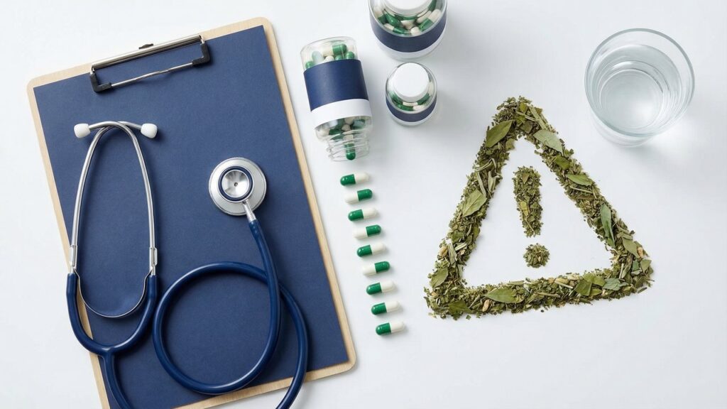 Stethoscope and supplement capsules with caution symbol made of herbs