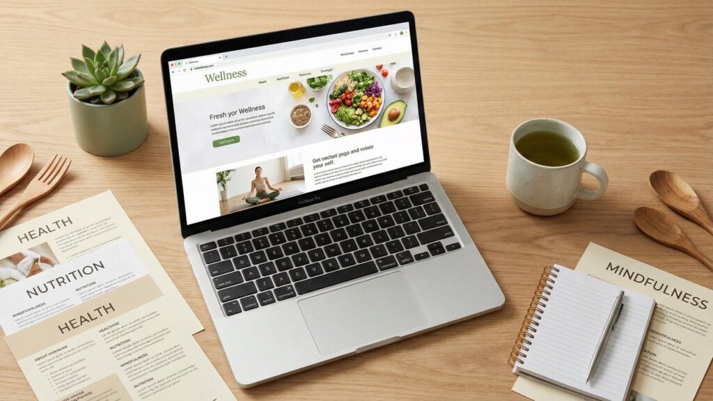 Laptop showing wellness website on a desk with health articles and green tea
