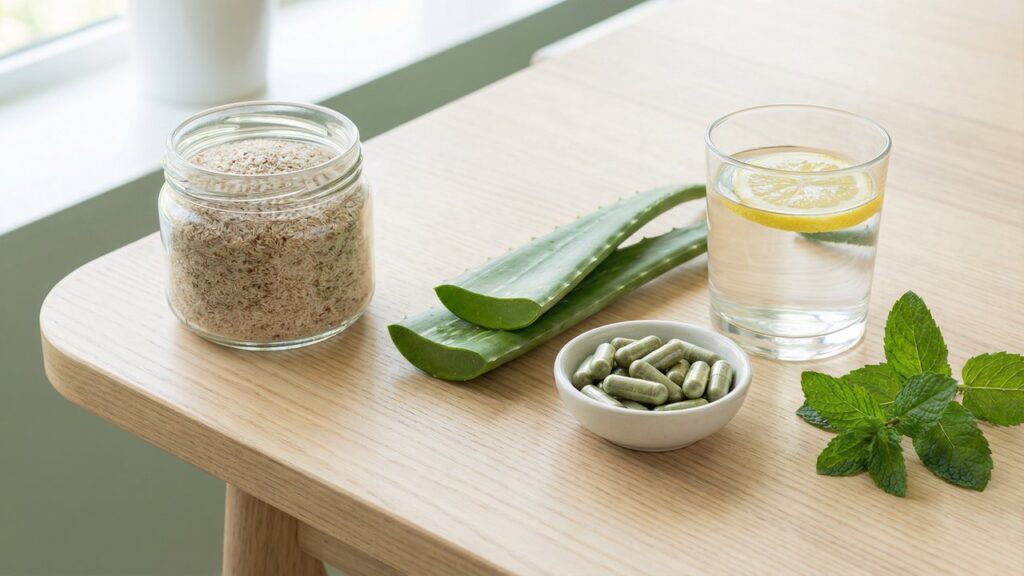 Gentle colon cleanse ingredients: psyllium husk, aloe vera, green capsules and lemon water