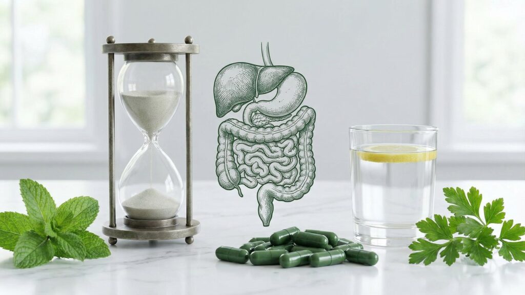 Hourglass next to digestive system illustration with green capsules and lemon water