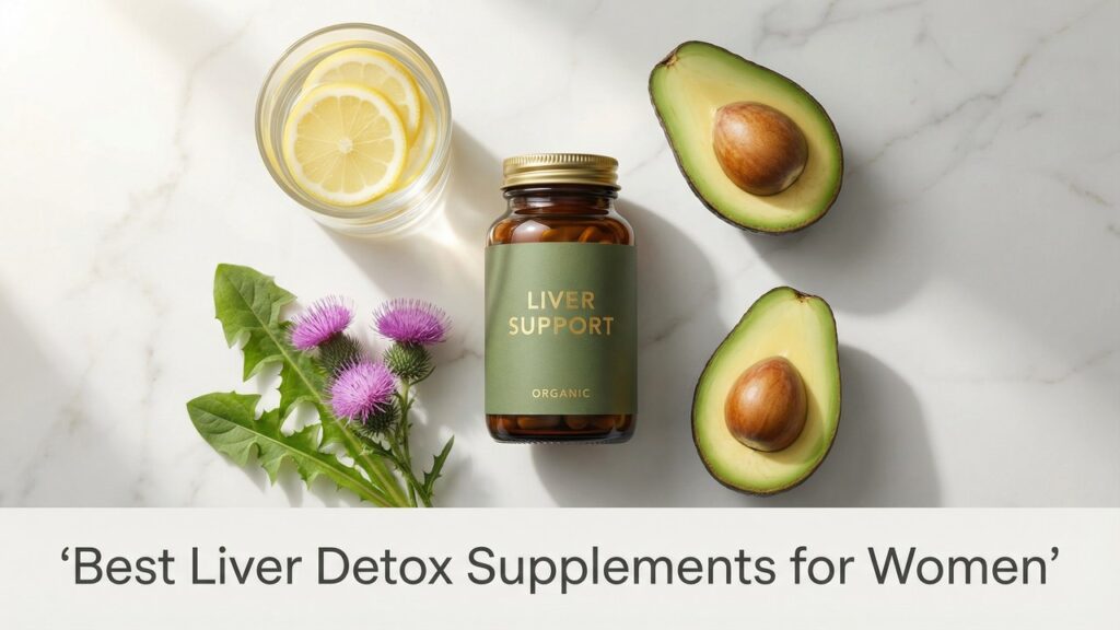 Best liver detox supplements for women arranged on marble surface with milk thistle and avocado