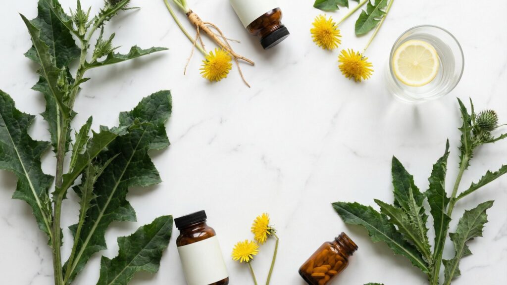 Natural liver detox pills with milk thistle and dandelion on marble surface