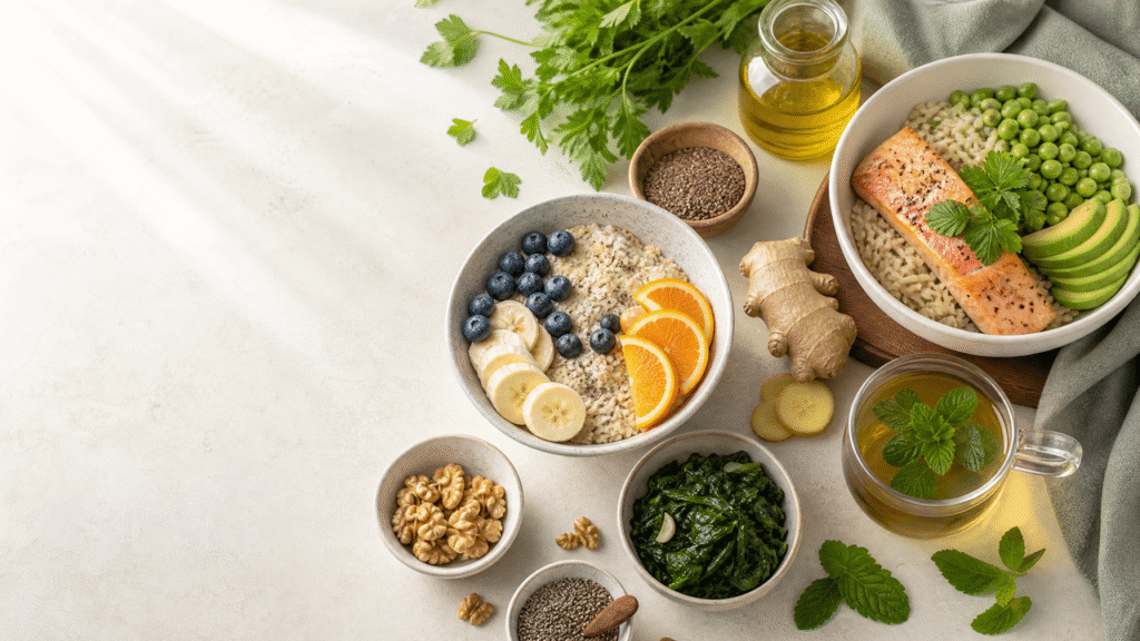 Anti-inflammatory foods for bloating including oats, berries, salmon, ginger, peppermint tea, olive oil, and greens
