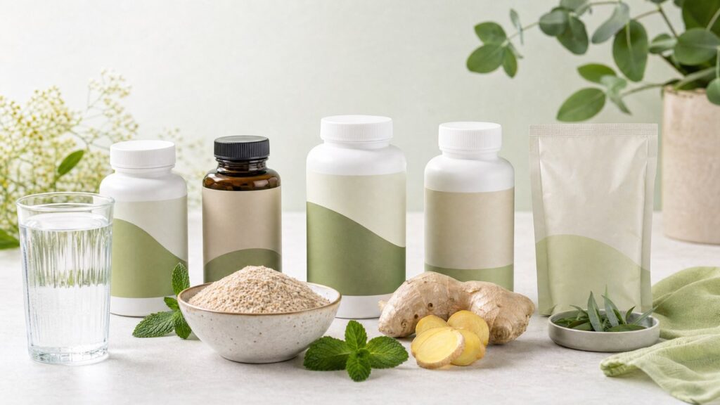 Top colon cleanse supplements arranged with water, fiber powder, and digestive wellness elements
