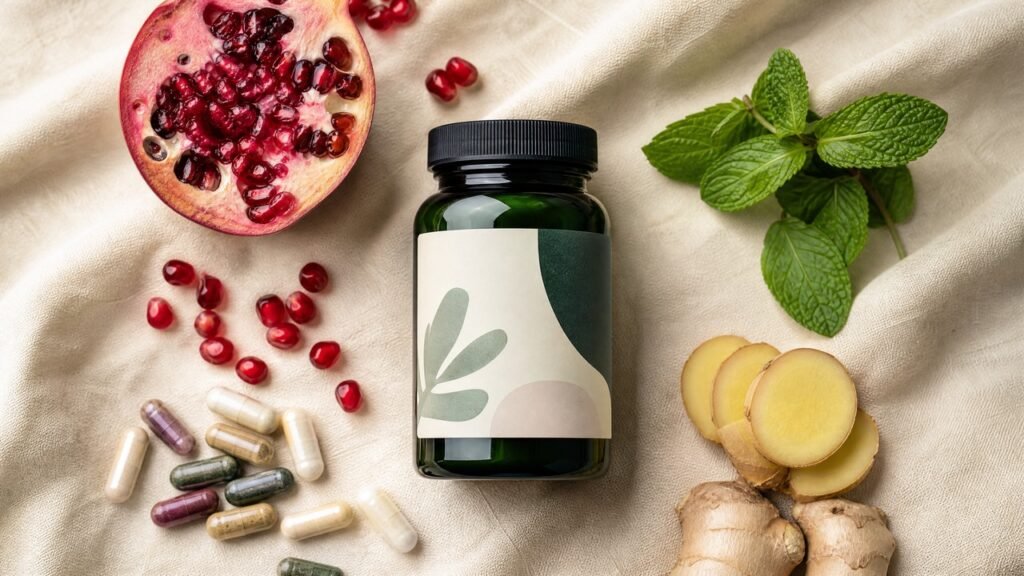 Seed DS-01 Daily Synbiotic review — dark green glass jar with pomegranate, ginger, and probiotic capsules on linen