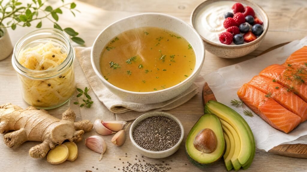 A flat-lay of gut-healing foods including bone broth, sauerkraut, salmon, avocado, ginger, and chia seeds