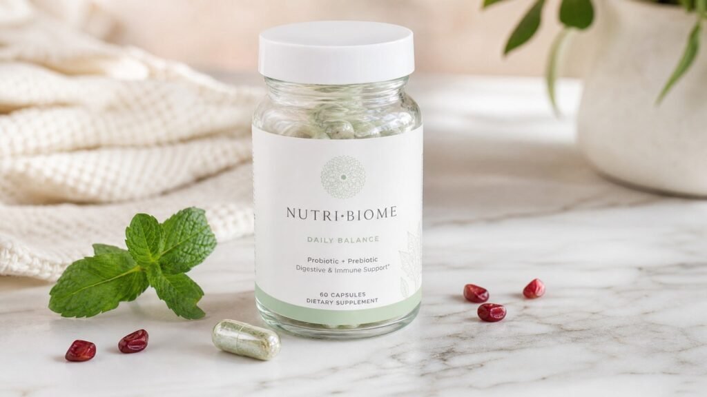 Probiotic supplement bottle with mint leaves and pomegranate seeds on marble surface