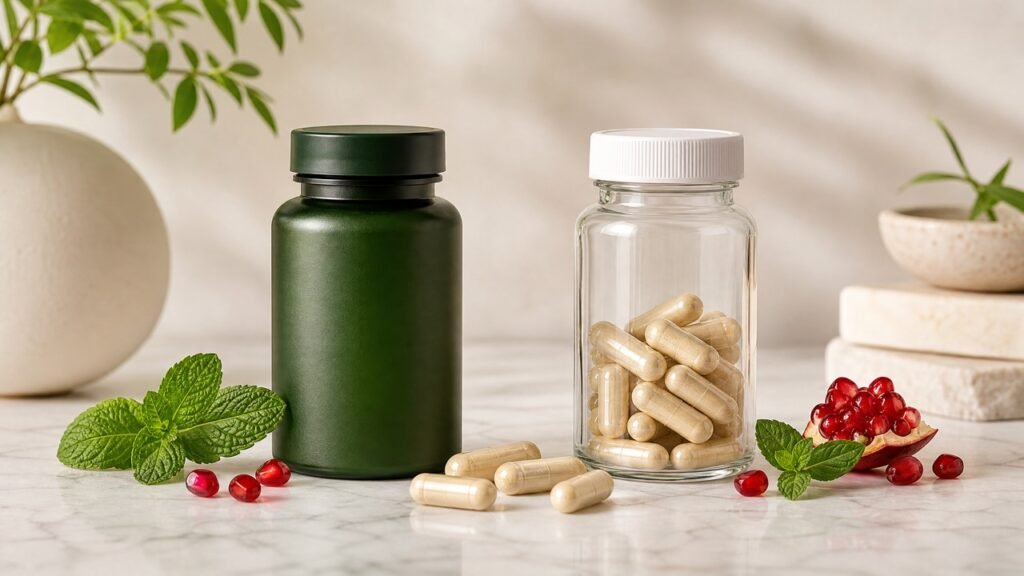 Two probiotic supplement bottles side by side on marble surface with mint leaves and pomegranate seeds